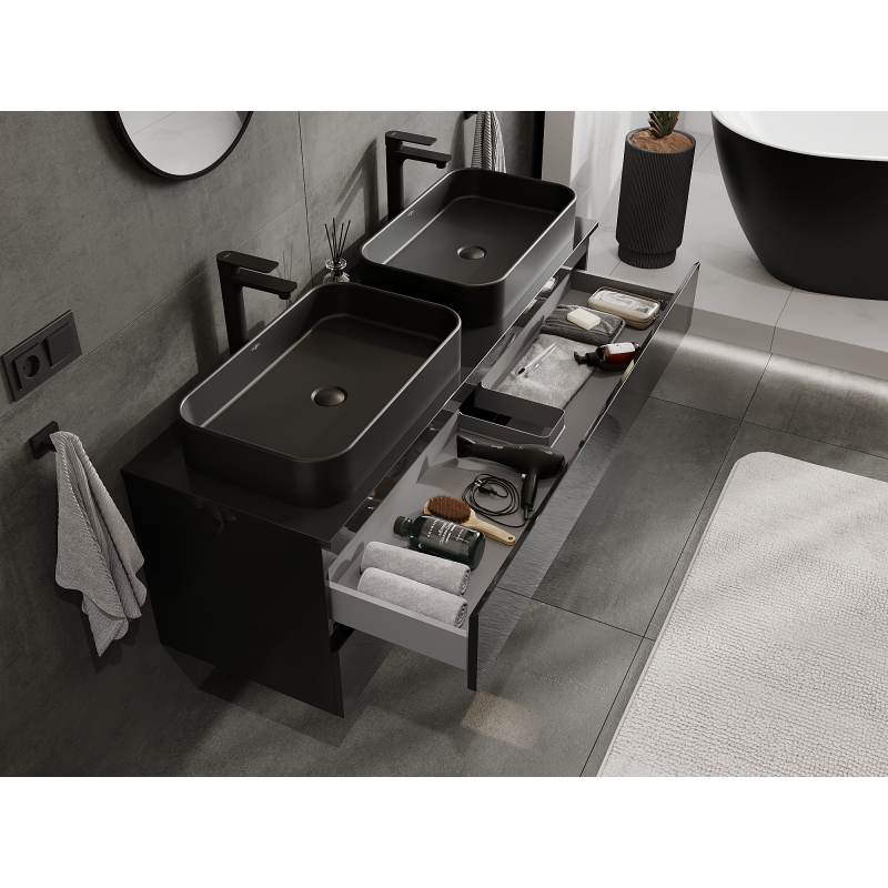 Mexen Orio fürdőszobai szekrény 140 cm, 2 fiók, fekete fényes - 91A10-14047-2-BFF70