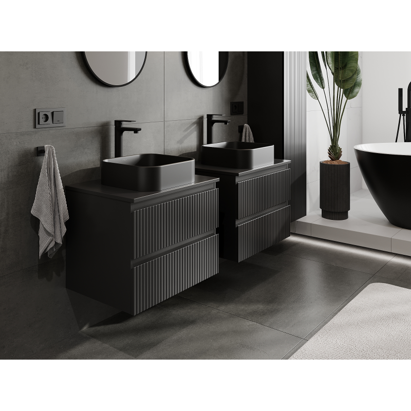 Mexen Rivel 60 cm-es fürdőszobai szekrény mosdó alá, 2 fiókos, bordázott, fekete matt - 91A20-06047-2-BFF71