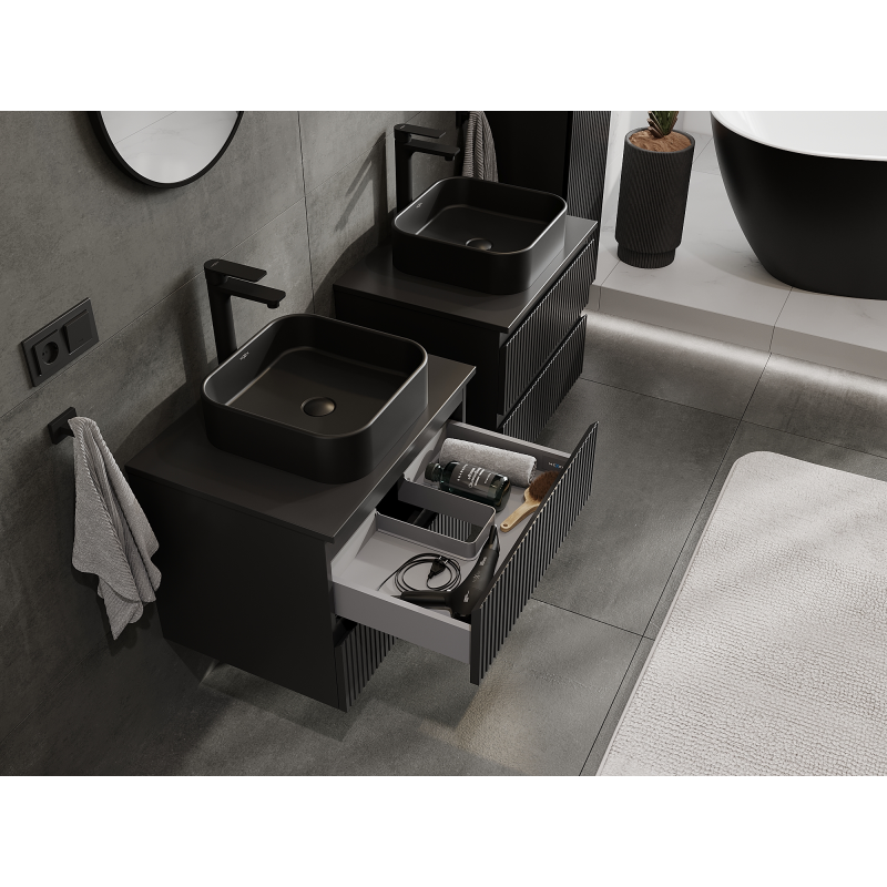 Mexen Rivel dulap de baie sub chiuvetă 60 cm, 2 sertare, canelat, negru mat - 91A20-06047-2-BFF71