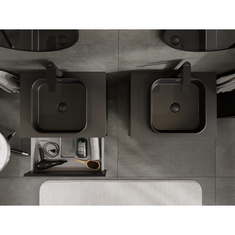 Mexen Rivel 60 cm-es fürdőszobai szekrény mosdó alá, 2 fiókos, bordázott, fekete matt - 91A20-06047-2-BFF71