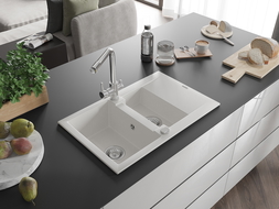 Mexen Gaspar 1,5-medencés gránit mosogató csepegtetővel és Duero konyhai csapteleppel, fehér - 6507-20-671600-00