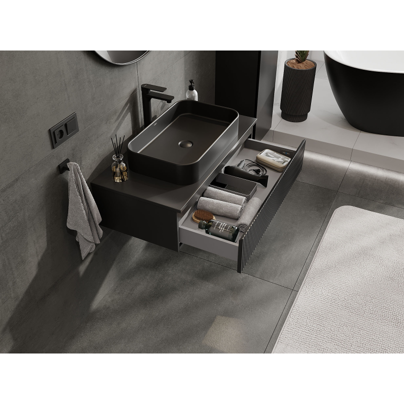 Mexen Rivel fürdőszobai mosdós szekrény 90 cm, 1 fiók, bordázott, fekete matt - 91A20-09023-1-BF71
