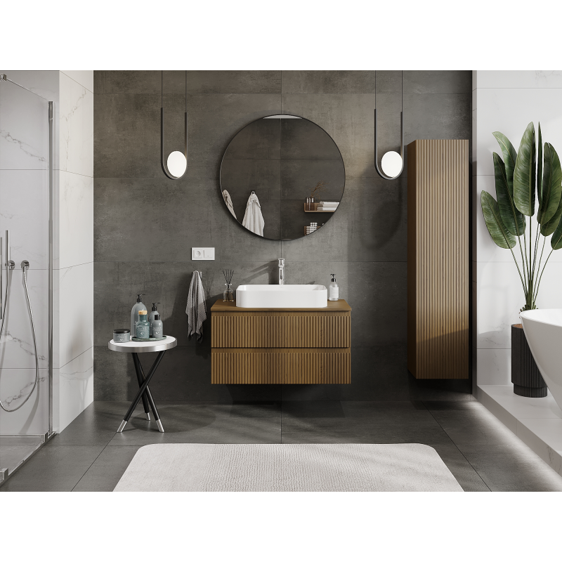 Mexen Rivel fürdőszobai szekrény mosdókagyló alá 90 cm, 2 fiókos, bordázott, dió - 91A20-09047-2-BFF86