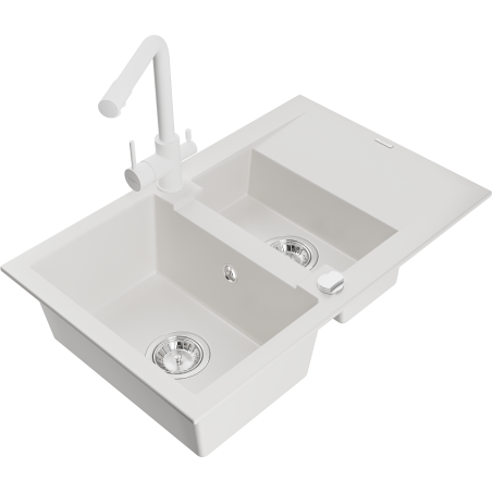 Mexen Gaspar chiuvetă de granit cu 1,5 compartimente cu scurgător și baterie de bucătărie Duero, alb - 6507-20-671600-20