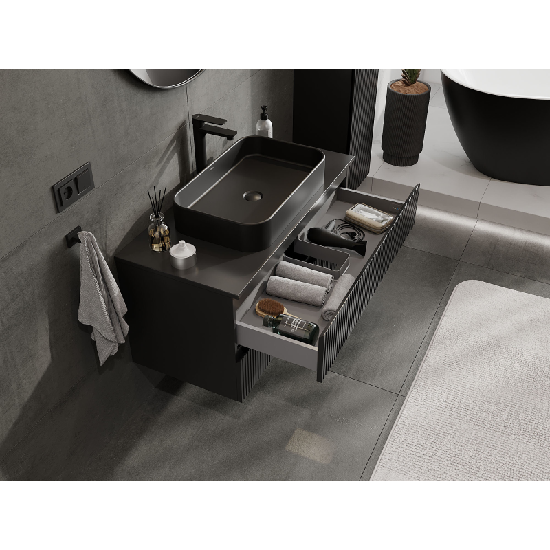 Mexen Rivel fürdőszobai mosdószekrény 100 cm, 2 fiókos, bordázott, fekete matt - 91A20-10047-2-BFF71