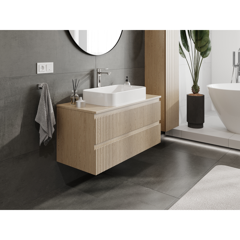 Mexen Rivel 100 cm-es fürdőszobai szekrény mosdó alá, 2 fiókos, bordázott, tölgy - 91A20-10047-2-BFF81