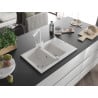 Chiuvetă din granit Mexen Gaspar, cu 1,5 cuve și scurgător și baterie de bucătărie Duero, alb - 6507-20-671600-20