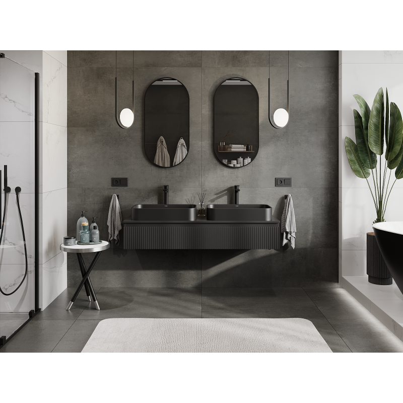 Mexen Rivel fürdőszobai szekrény mosdó alá 140 cm, 1 fiók, bordázott, fekete matt - 91A20-14023-1-BF71