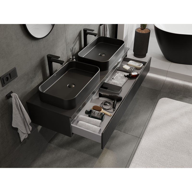 Mexen Rivel dulap baie sub lavoar 140 cm, 1 sertar, canelat, negru mat - 91A20-14023-1-BF71