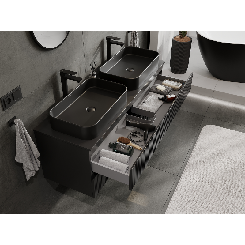 Mexen Rivel dulap de baie sub chiuvetă 140 cm, 2 sertare, canelat, negru mat - 91A20-14047-2-BFF71