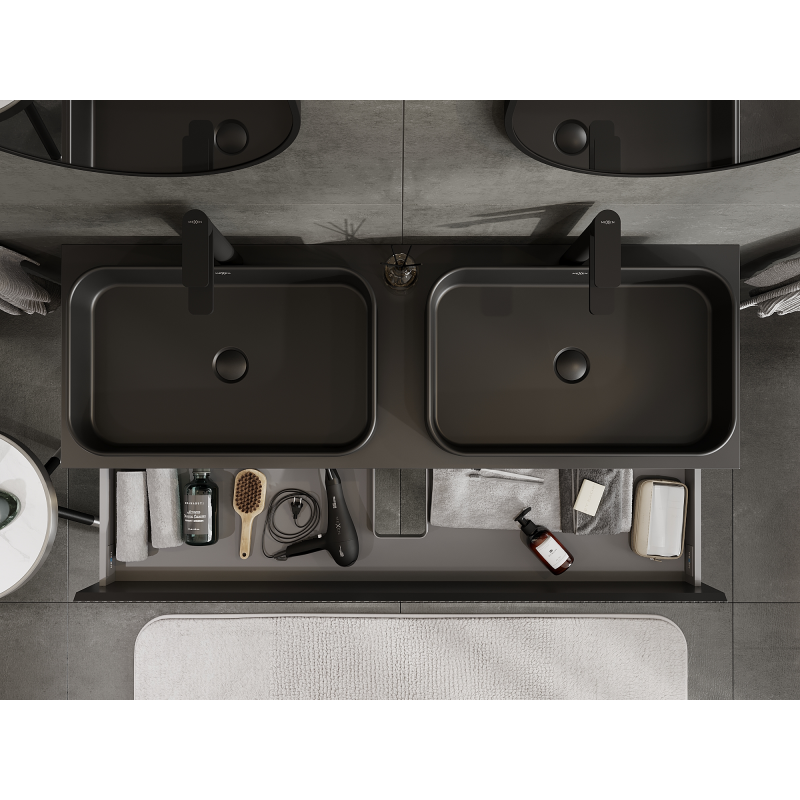 Mexen Rivel mosdó alatti fürdőszobaszekrény 140 cm, 2 fiók, bordázott, fekete matt - 91A20-14047-2-BFF71