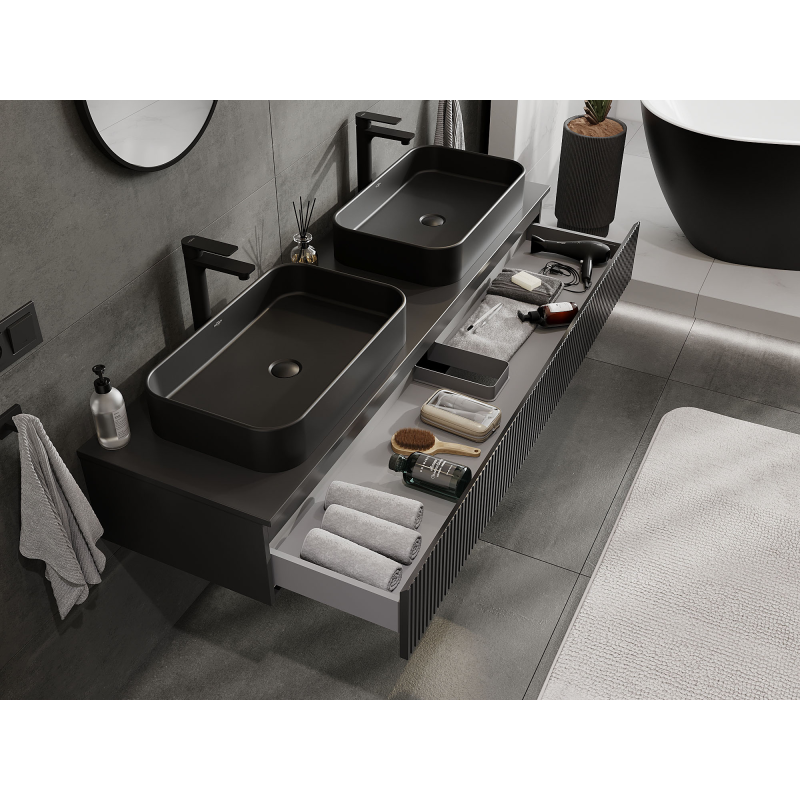 Mexen Rivel 160 cm-es fürdőszobai mosdószekrény, 1 fiókos, bordázott, fekete matt - 91A20-16023-1-BF71