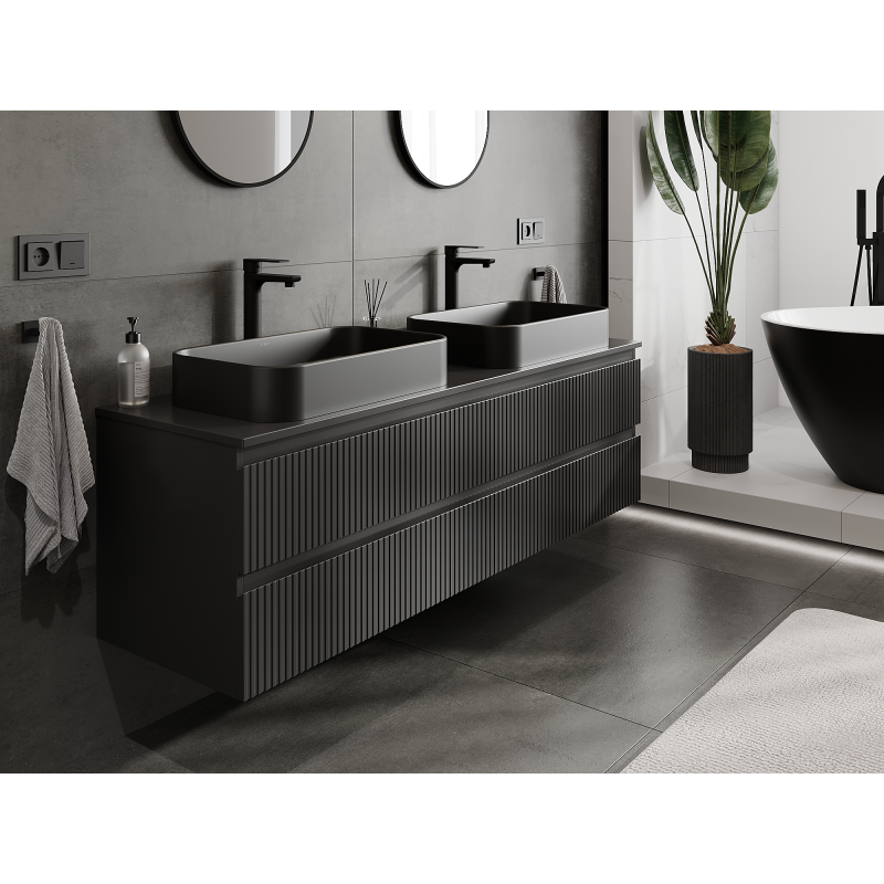 Mexen Rivel dulap baie suspendat 160 cm, 2 sertare, canelat, negru mat - 91A20-16047-2-BFF71