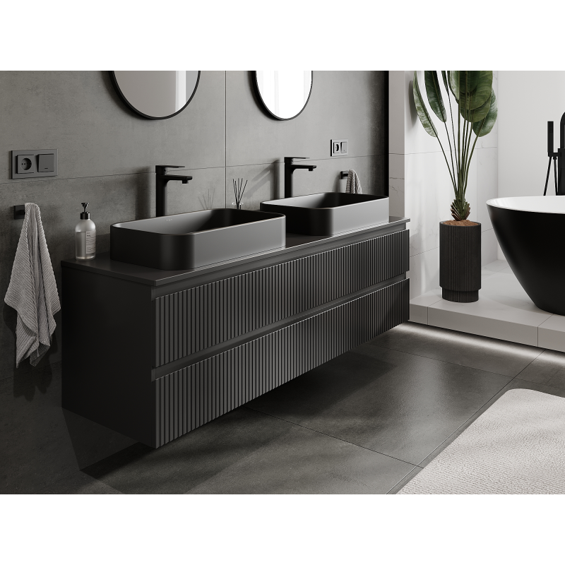 Mexen Rivel fürdőszobai mosdószekrény 160 cm, 2 fiókos, bordázott, fekete matt - 91A20-16047-2-BFF71