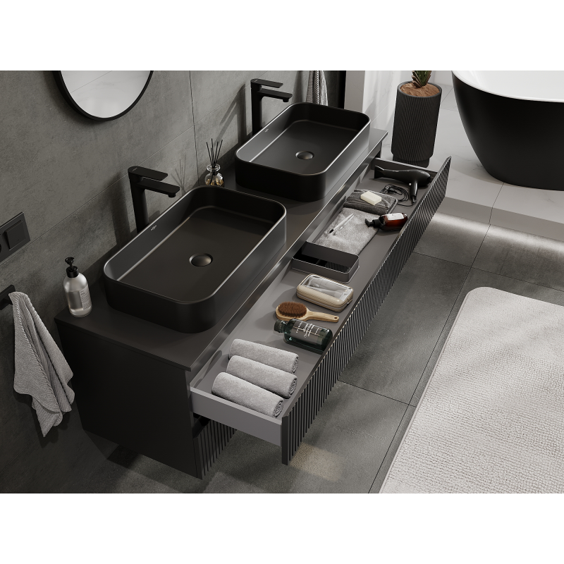 Mexen Rivel dulap baie suspendat 160 cm, 2 sertare, canelat, negru mat - 91A20-16047-2-BFF71