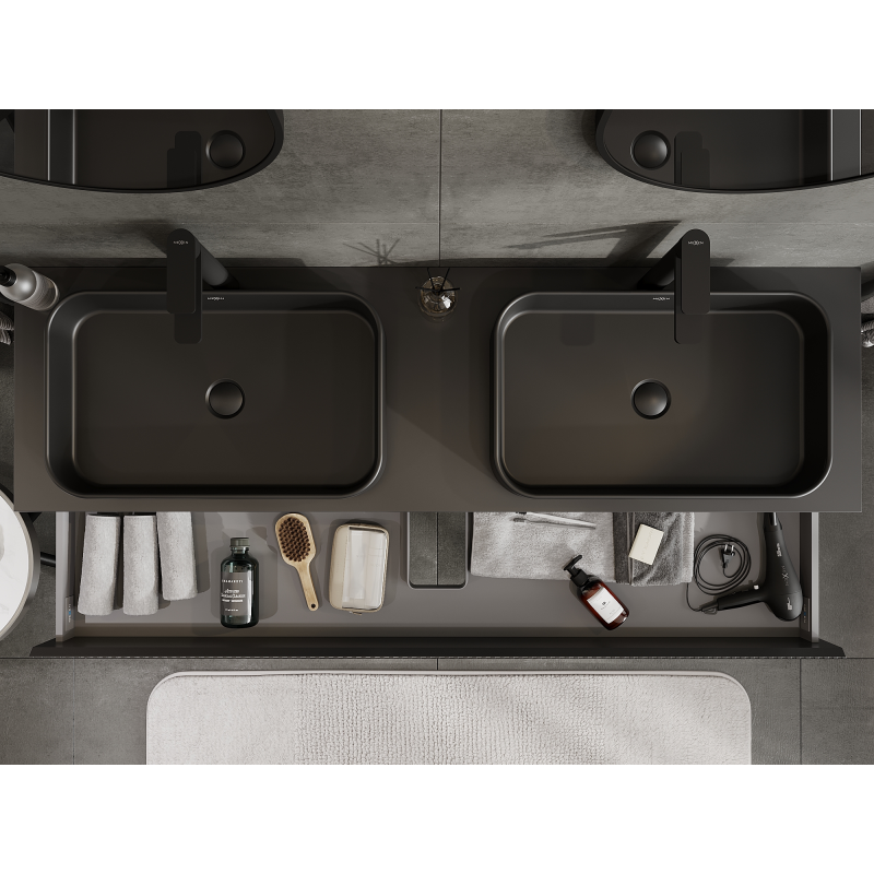 Mexen Rivel fürdőszobai mosdószekrény 160 cm, 2 fiókos, bordázott, fekete matt - 91A20-16047-2-BFF71