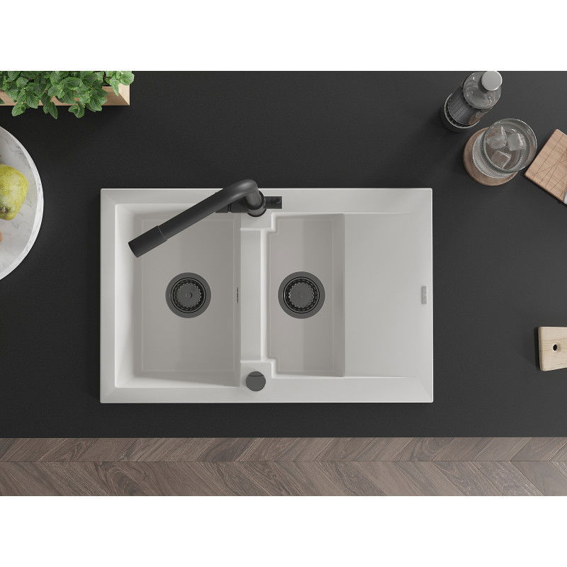Mexen Gaspar chiuvetă din granit cu 1,5 cuve cu scurgător și baterie de bucătărie Duero, alb - 6507-20-671600-70