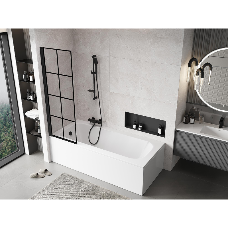 Mexen Mist kádparaván 1-szárnyas bal 60 x 150 cm, fekete rács, fekete - 8A9-060-001-70-77-L