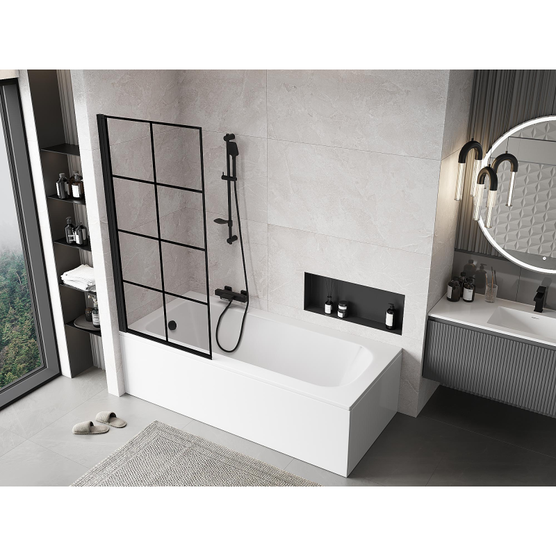 Mexen Mist 1-szárnyú balos kádparaván 80 x 150 cm, fekete rács, fekete - 8A9-080-001-70-77-L