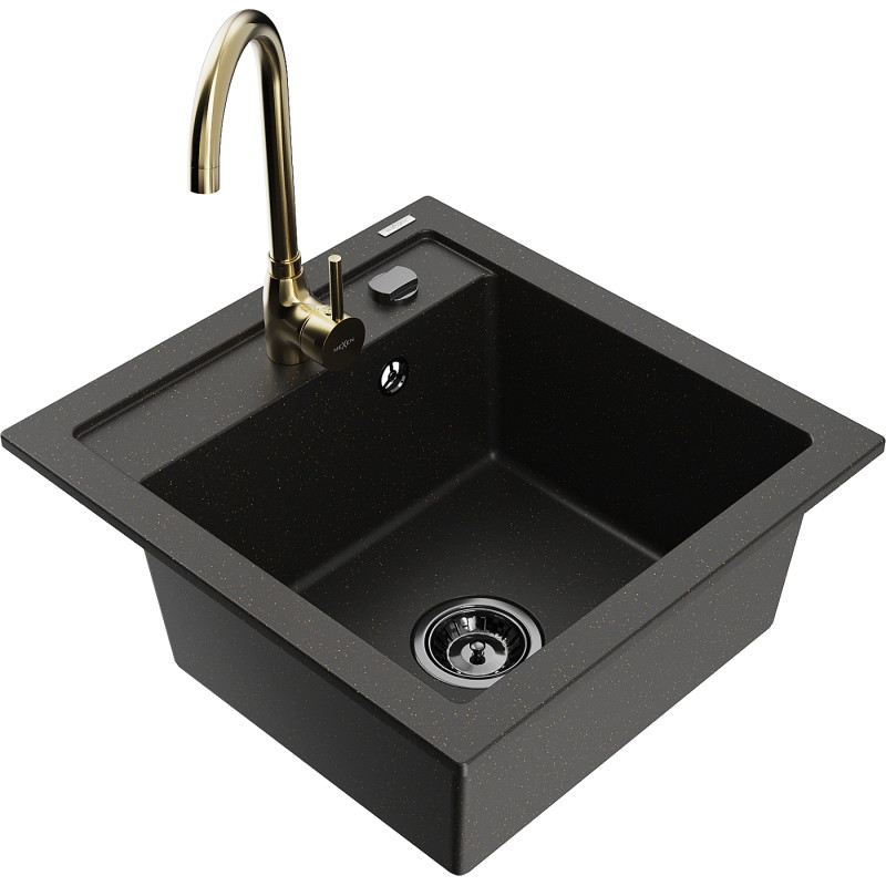 Mexen Vito chiuvetă de granit 1-cameră cu baterie de bucătărie Telma, negru/auriu metalizat - 6503-75-670200-50-B
