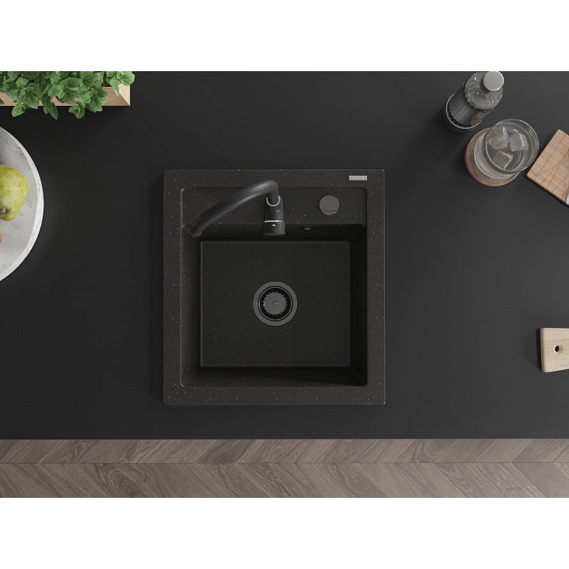 Mexen Vito chiuvetă de bucătărie din granit cu 1 compartiment și robinet Telma, negru/auriu metalic - 6503-75-670200-70-B