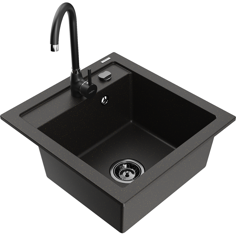 Mexen Vito chiuvetă de bucătărie din granit cu 1 compartiment și robinet Telma, negru/auriu metalic - 6503-75-670200-70-B