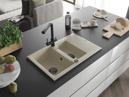 Mexen Gaspar gránit mosogató 1,5-medencés csepegtetővel és Duero konyhai csappal, bézs - 6507-69-671600-70