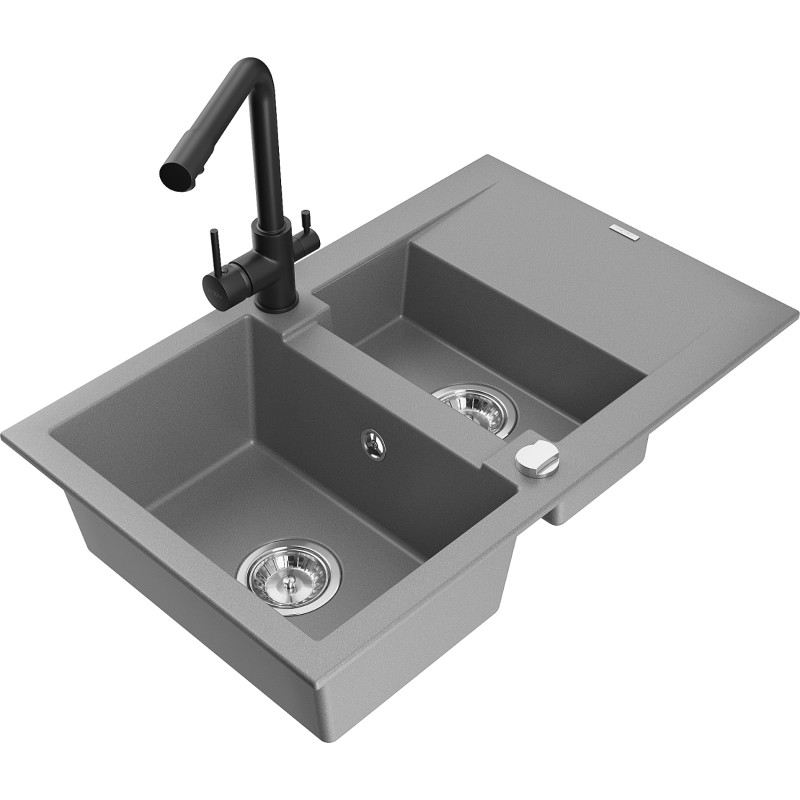 Mexen Gaspar chiuvetă de granit cu 1,5 camere cu scurgător și baterie de bucătărie Duero, gri - 6507-71-671600-70