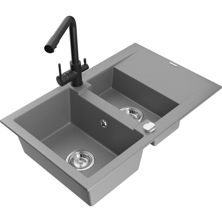 Mexen Gaspar chiuvetă de granit 1,5-camere cu scurgător și baterie de bucătărie Duero, gri - 6507-71-671600-70