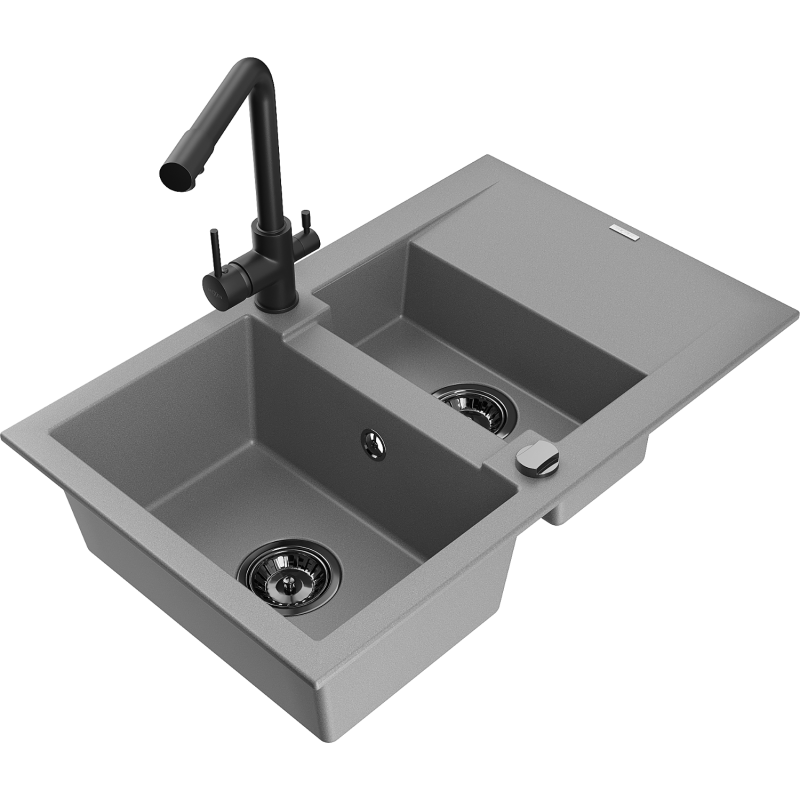 Mexen Gaspar chiuvetă de granit cu 1,5 camere cu picurător și baterie de bucătărie Duero, gri - 6507-71-671600-70-B