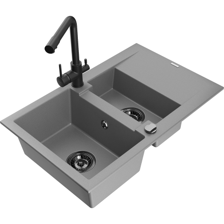 Mexen Gaspar chiuvetă de granit cu 1,5 camere cu picurător și baterie de bucătărie Duero, gri - 6507-71-671600-70-B