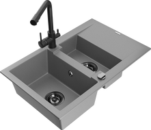 Mexen Gaspar 1,5-üregű gránit mosogató lefolyóval és konyhai csappal Duero, szürke - 6507-71-671600-70-B