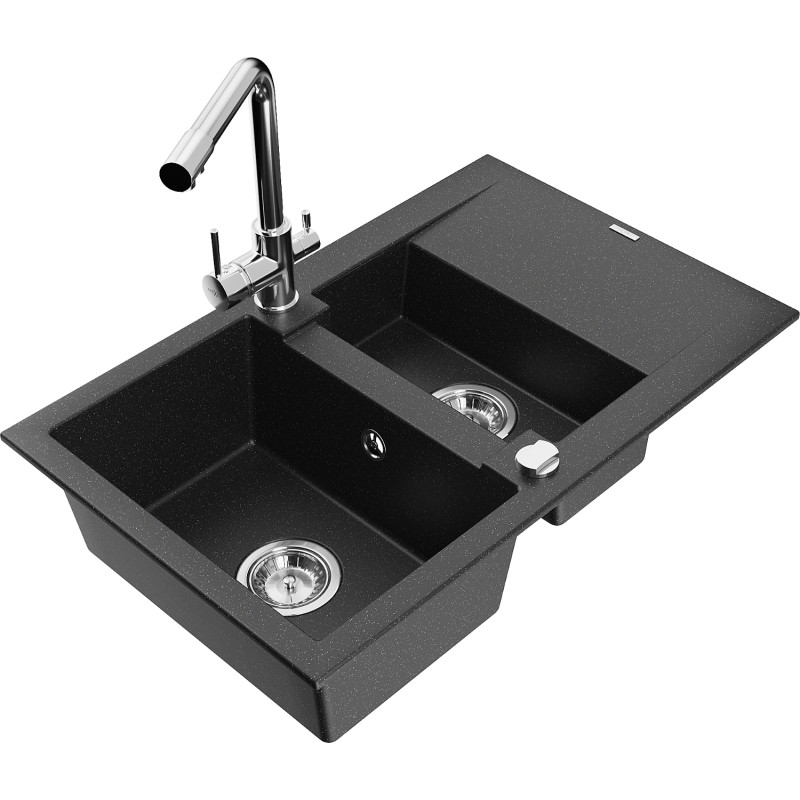 Mexen Gaspar Chiuvetă de granit 1,5-cuvelă cu scurgător și baterie de bucătărie Duero, negru/argintiu - 6507-73-671600-00