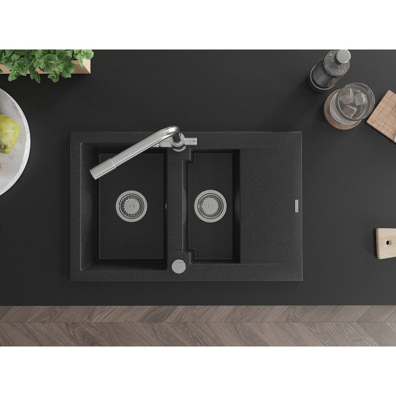 Mexen Gaspar gránit mosogató 1,5 medencés csepegtetős és Duero konyhai csaptelep, fekete/ezüst - 6507-73-671600-00