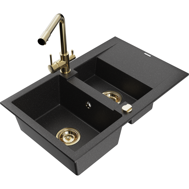 Mexen Gaspar chiuvetă de bucătărie din granit cu 1,5 cuve cu picurător și baterie Duero, negru/argintiu - 6507-73-671600-50