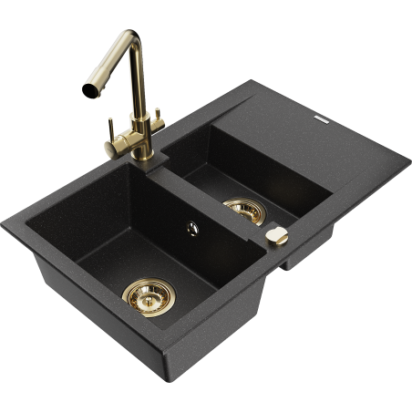 Mexen Gaspar chiuvetă de bucătărie din granit cu 1,5 cuve cu picurător și baterie Duero, negru/argintiu - 6507-73-671600-50