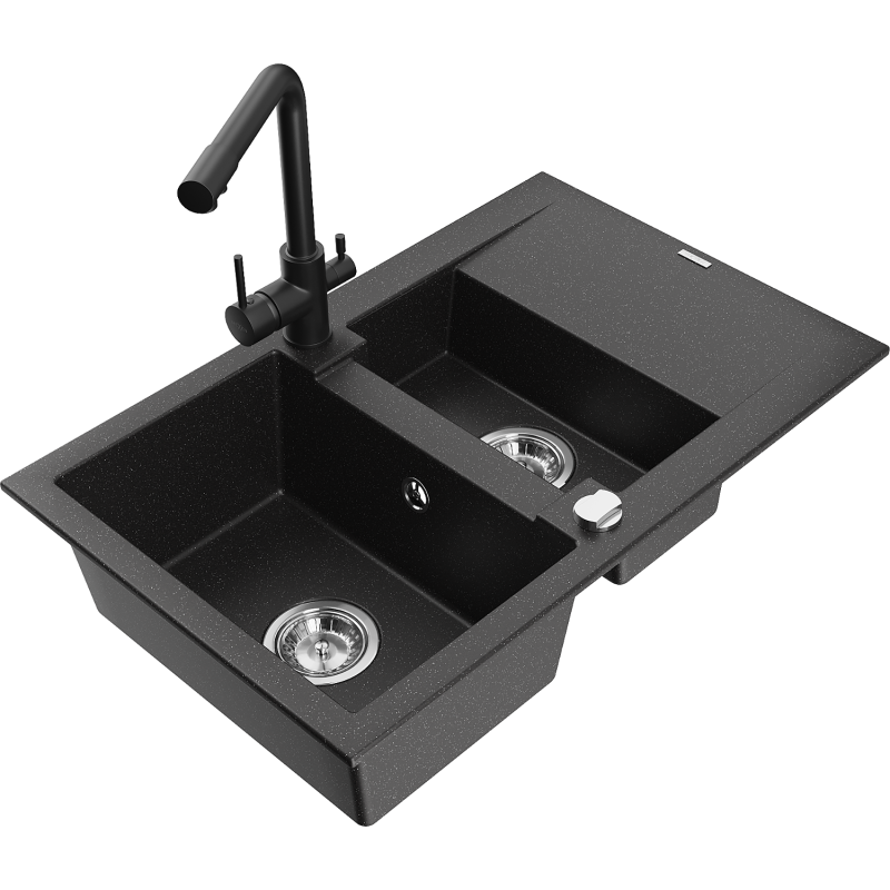 Mexen Gaspar 1,5 rekeszes gránit mosogató csepegtetővel és Duero konyhai csapteleppel, fekete/ezüst - 6507-73-671600-70