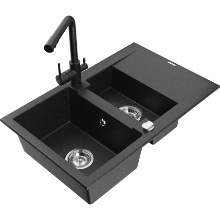 Mexen Gaspar 1,5 rekeszes gránit mosogató csepegtetővel és Duero konyhai csapteleppel, fekete/ezüst - 6507-73-671600-70