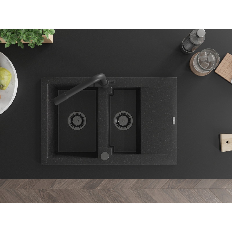 Mexen Gaspar chiuvetă de granit cu 1,5 compartimente, cu scurgător și baterie de bucătărie Duero, negru/argintiu