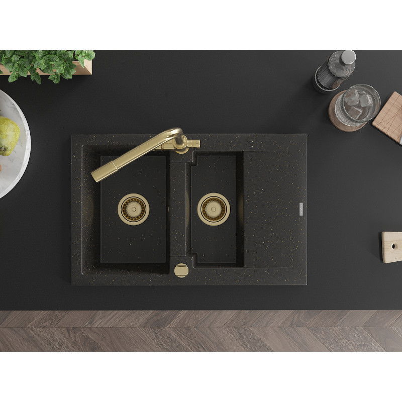 Mexen Gaspar chiuvetă granit 1,5-cupe cu scurgător și baterie de bucătărie Duero, negru/auriu metalizat - 6507-75-671600-50