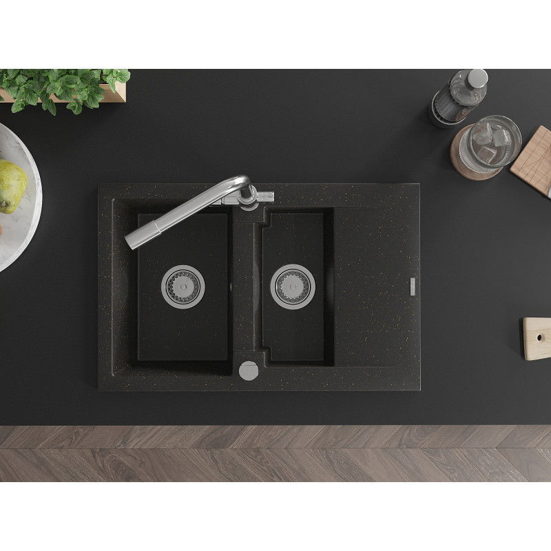 Mexen Gaspar 1,5-medencés gránit mosogató csepegtetővel és Duero konyhai csapteleppel, fekete/arany metál - 6507-75-671600-00