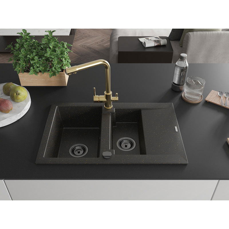 Mexen Gaspar gránit mosogató 1,5 rekeszes csepegtetővel és Duero konyhai csappal, fekete/arany - 6507-75-671600-50-B
