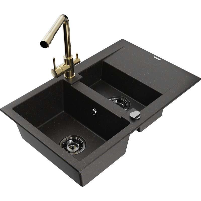 Mexen Gaspar chiuvetă din granit cu 1,5 compartimente cu scurgător și robinet de bucătărie Duero, negru/auriu