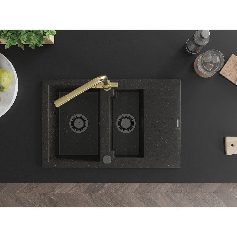 Mexen Gaspar chiuvetă din granit cu 1,5 compartimente cu scurgător și robinet de bucătărie Duero, negru/auriu