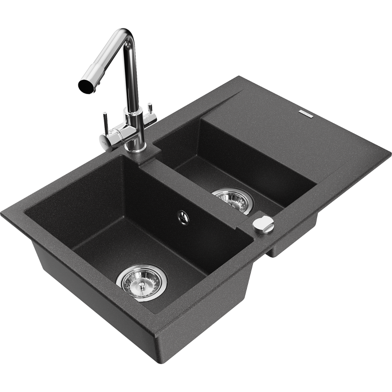 Mexen Gaspar chiuvetă de granit cu 1,5 compartimente, cu scurgător și robinet de bucătărie Duero, negru cu pete