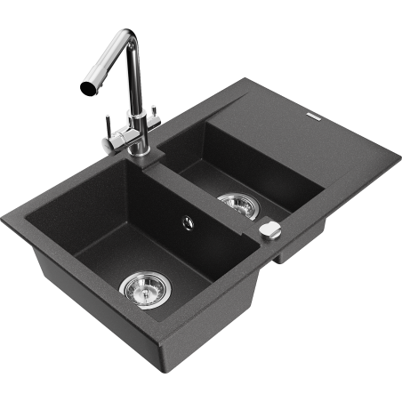 Mexen Gaspar chiuvetă de granit cu 1,5 compartimente, cu scurgător și robinet de bucătărie Duero, negru cu pete