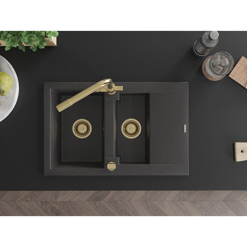 Mexen Gaspar gránit mosogató 1,5-medencés csepegtetővel és Duero konyhai csapteleppel, fekete foltos - 6507-76-671600-50