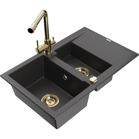 Mexen Gaspar chiuvetă de granit cu 1,5 cuve cu scurgător și baterie de bucătărie Duero, negru cu pete - 6507-76-671600-50