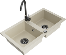 Mexen Mario 2 rekeszes gránit mosogató Telma konyhai csappal, bézs - 6504-69-670200-70