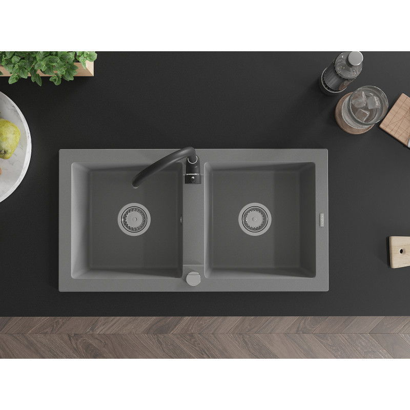 Mexen Mario gránit mosogató 2 medencés konyhai csappal Telma, szürke - 6504-71-670200-70